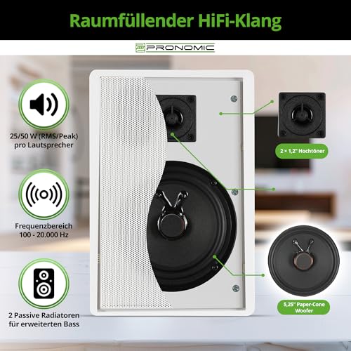 Pronomic FLS-540 WH Flatpanel Wandlautsprecher Boxen Paar (HiFi Flachlautsprecher, 2-Wege Box, 5,25/133mm Woofer, 1,2/30mm Tweeter, 25/50 Watt (RMS/Peak), Polklemmen-Anschluss) weiß