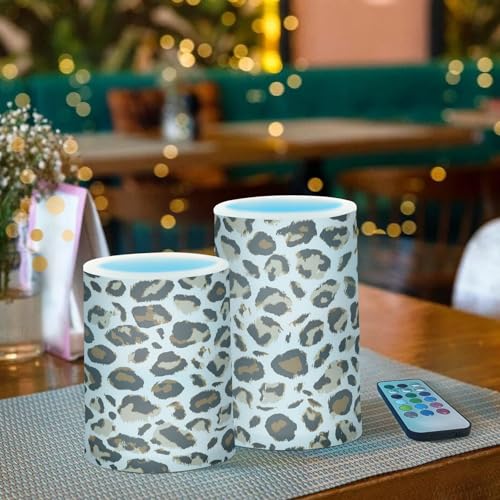 Image of Leopard Print - White Flameless Candles, Set of 2, Battery Operated, Pillar Candles for Home Decoration, Christmas, Party