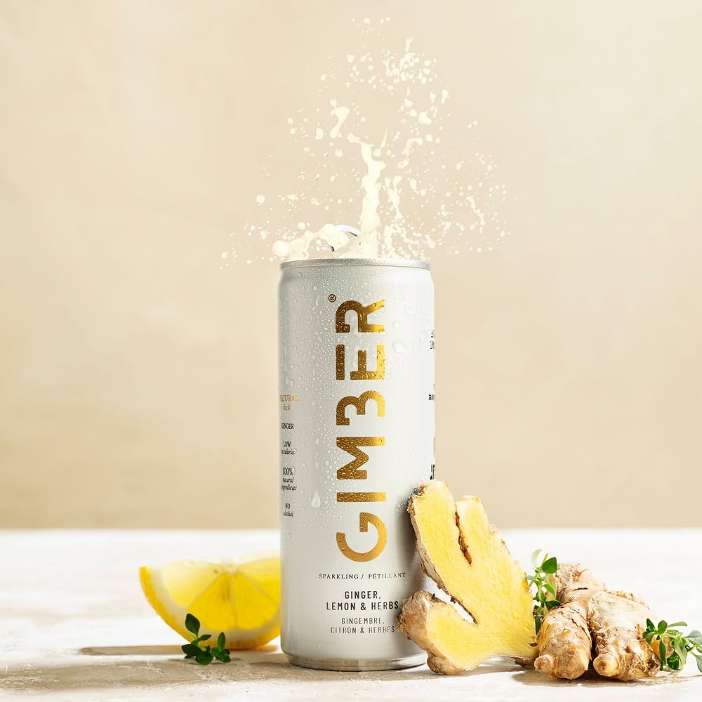 Boisson au gingembre gazeuse GIMBER Original : canettes faible en calories | Lot de 12 | Boisson gazeuse au gingembre, citron et herbes. Boisson sans alcool, vegan et 100% naturelle