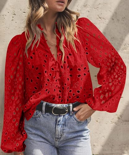 BETTE BOUTIK Women's Long Short Sleeve Tops 2025 Dressy Casual Button Hollow Out Lace Embroidered Blouses Shirts