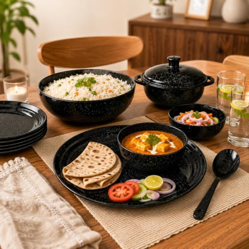 Image of Melvio By Malti Black Granite 40 Piece Dinner Set | Melamine Dinnerware Set, Premium Dinner Set Crockery Plates Bowls Tableware for Home Dining Kitchen