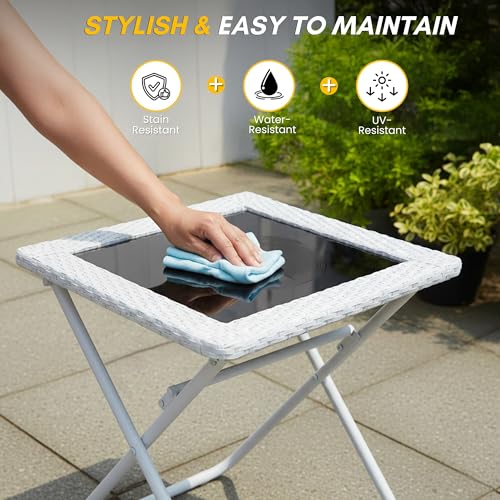Image of DEVOKO Foldable 3-Piece Outdoor Patio Wicker Furniture Set with Glass Top Table, All-Weather HDPE Rattan, Rustproof Metal Frame for Garden, Balcony & Lawn (White)