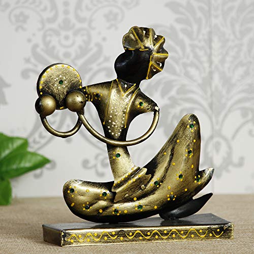 Image of eCraftIndia Tribal Man with Pagdhi Playing Musical Instrument Decorative Showpiece, Golden and Black, one Size (IRLADY511)