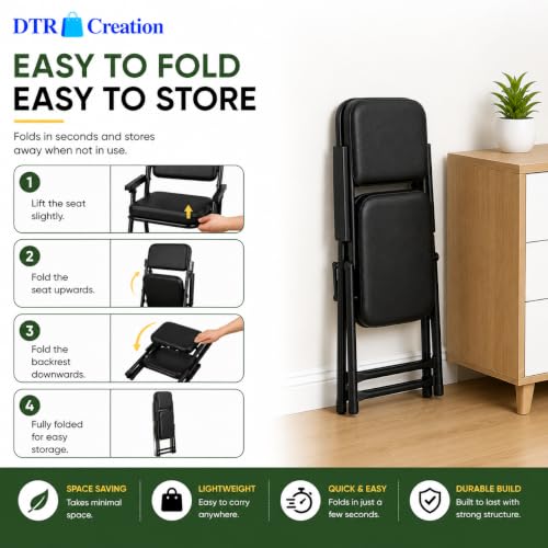 Image of Foldable Cushioned Chair with Armrests | Heavy Duty Metal Frame | Soft Padded Seat & Backrest | Space Saving Folding Chair for Home, Office, Study & Guest Seating | Black