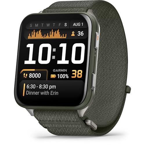 Garmin Venu X1 51mm GPS smartwatch, Large 2″ AMOLED display, LED flashlight, Lightweight, Ultra thin 8mm watch case, 100 pre loaded Sports Apps, Up to 8 days battery life, ComfortFit nylon band, Moss