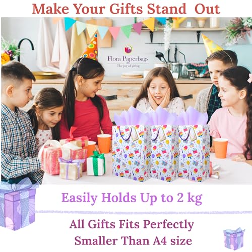 Image of Flora Paperbags - Birthday Pack of 10 Paper Bags for Return Gifts | Medium Carry Bags for Gifts | Return gift bags for kids birthday | Christmas Paper gift bags for kids party |size 30 (H)x23 (W) x9 (B)cm