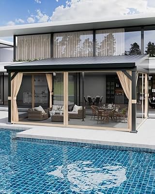 12X16 FT Hardtop Lean to Gazebo with Gutters, Mosquito Netting & Privacy Curtains, Aluminum Frame, Connectable Wall Mounted Gazebo Pergola with Sloping Galvanized Steel Roof for Patio,Garden, Khaki