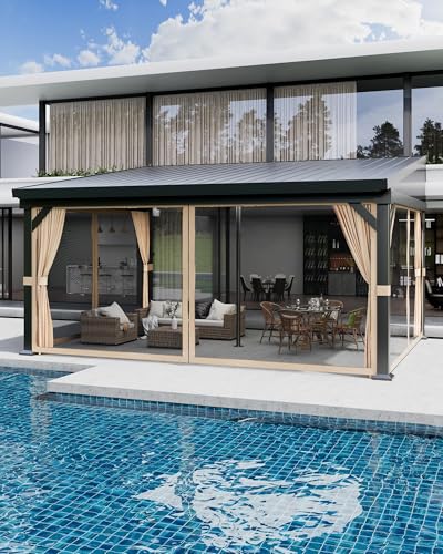 12X16 FT Hardtop Lean to Gazebo with Gutters, Mosquito Netting & Privacy Curtains, Aluminum Frame,...