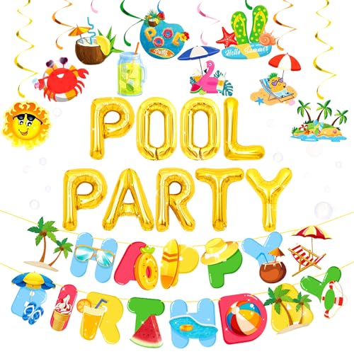 Image of Summer Pool Beach Party Decoration, Pool Party Birthday Bash Party Decorations Tropical Balloons Banner for Kids Swimming Water Luau Tropical Hawaii Party Decoration Supplies