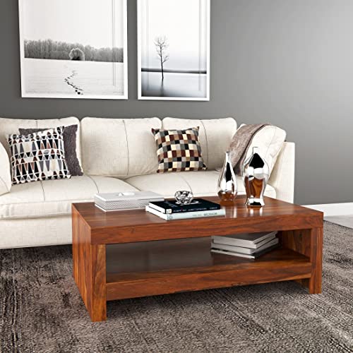 Image of Jangid Handicraft Sheesham Wood Rectangle Center Coffee Table for Living Room | Solid Wood Sofa Centre Table with Open Shelf Storage for Home & Office | Tepoy Tea Table for Hall | Teak Finish