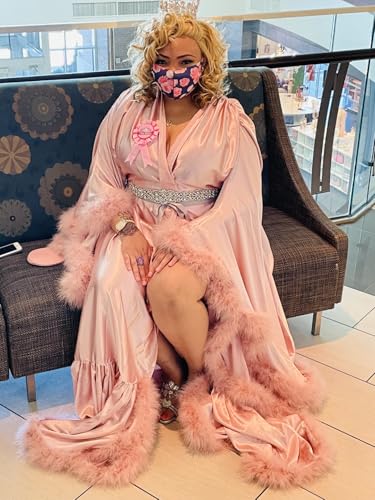 Changuan Feather Bridal Robe Silk Satin Robes Old Hollywood Long Nightgown Lingerie Bathrobe Sleepwear Maternity Photoshoot2