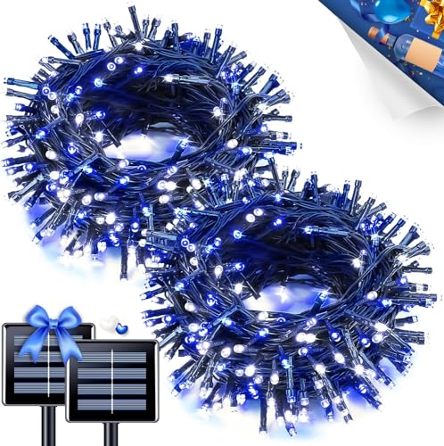 JMEXSUSS 2 Pack Solar Christmas Lights, Total 66 FT 200 LED, Blue and White