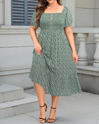 Image of Plus Size Summer Dresses - Boho Casual Wedding Guest Midi Flowy Short Sleeves Smocked Button Down Dress for Curvy Women