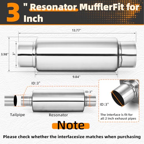 Image of A-KARCK 2 Pack 3 inch Inlet Exhaust Resonator, 3 inch Inlet 3 inch Outlet 13.8 inch Overall Length Muffler Resonator Stainless Steel,Polished
