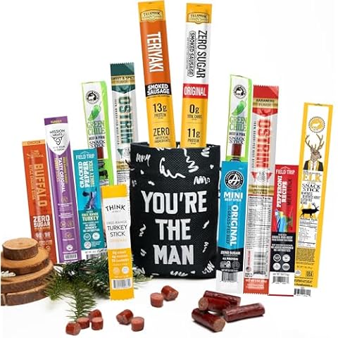 Jerky Sticks Gift for Men - Curated Assortment of High Protein Snacks - Alternative to Beef Jerky Gift Basket - Beef & Turkey Jerky Variety Pack Gift Set, Exotic Meat Gift for Men & Women Cover