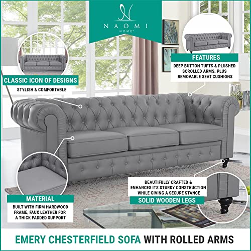 Naomi Home Emery Chesterfield Sofa, Luxurious Comfort For Cozy Living Rooms, Mid-Century Modern Couch, Elegance & Serenity, 3-Seater Sofa Couch For Small Space, Bedroom, Apartment, Gray, Pu Leather #TOP3