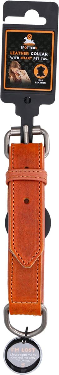 Collare in pelle – Collare per cani con pin QR – Collare con chiusura magnetica – Impermeabile – Taglia M – 50 cm – Cognac/Marrone chiaro