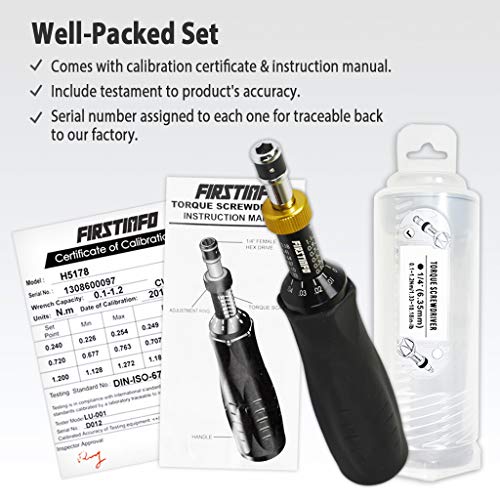 FIRSTINFO Precision Certified Torque Limiting Screwdriver, 1/4 Inch Universal Hex Bit Holder, 0.1-1.2 Nm / 1.33-10.18 In-lb with Double Scale
