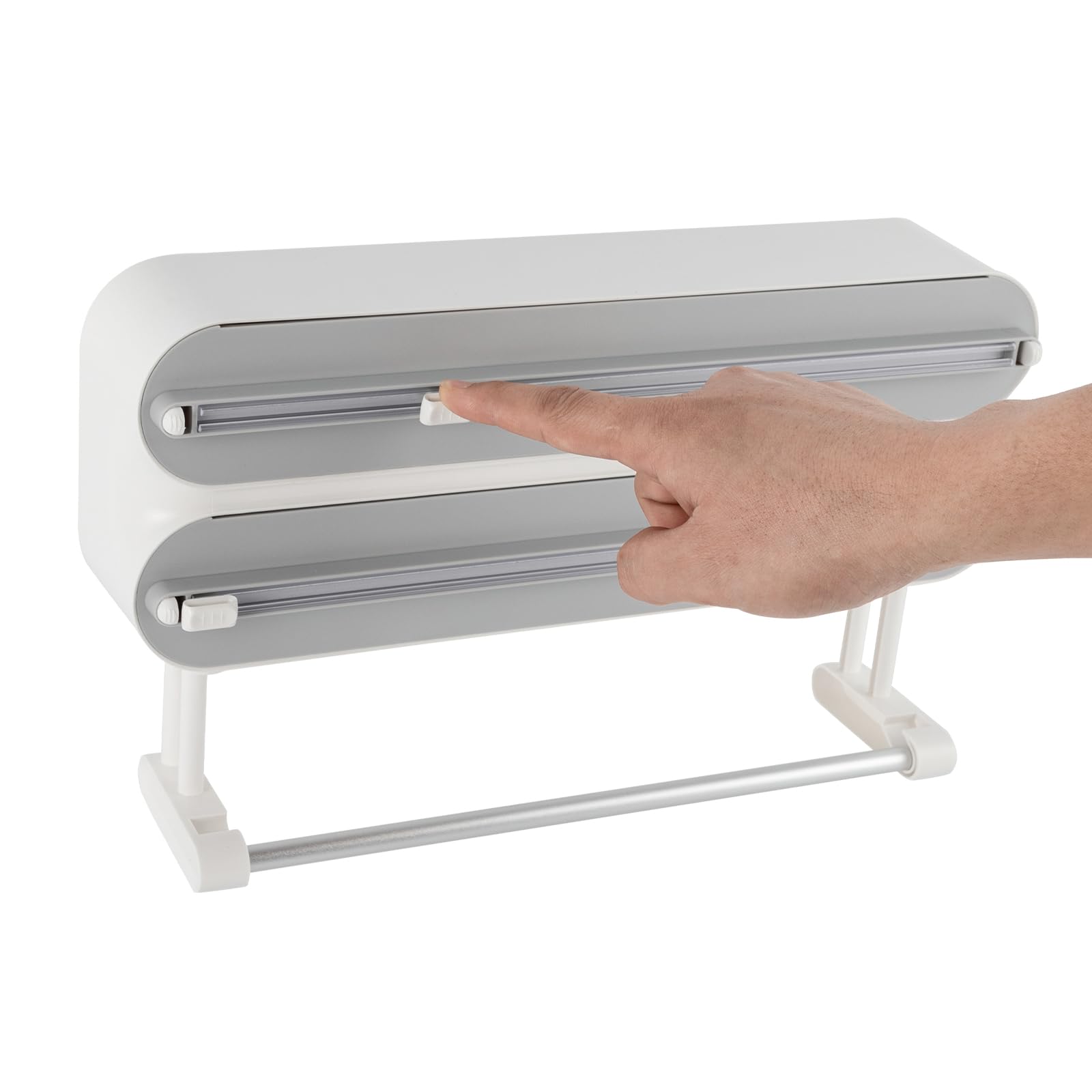 Dispensador de film transparente montado en la pared, con adhesivo de gancho, soporte para rollos de cocina, dispensador de papel de aluminio (gris)