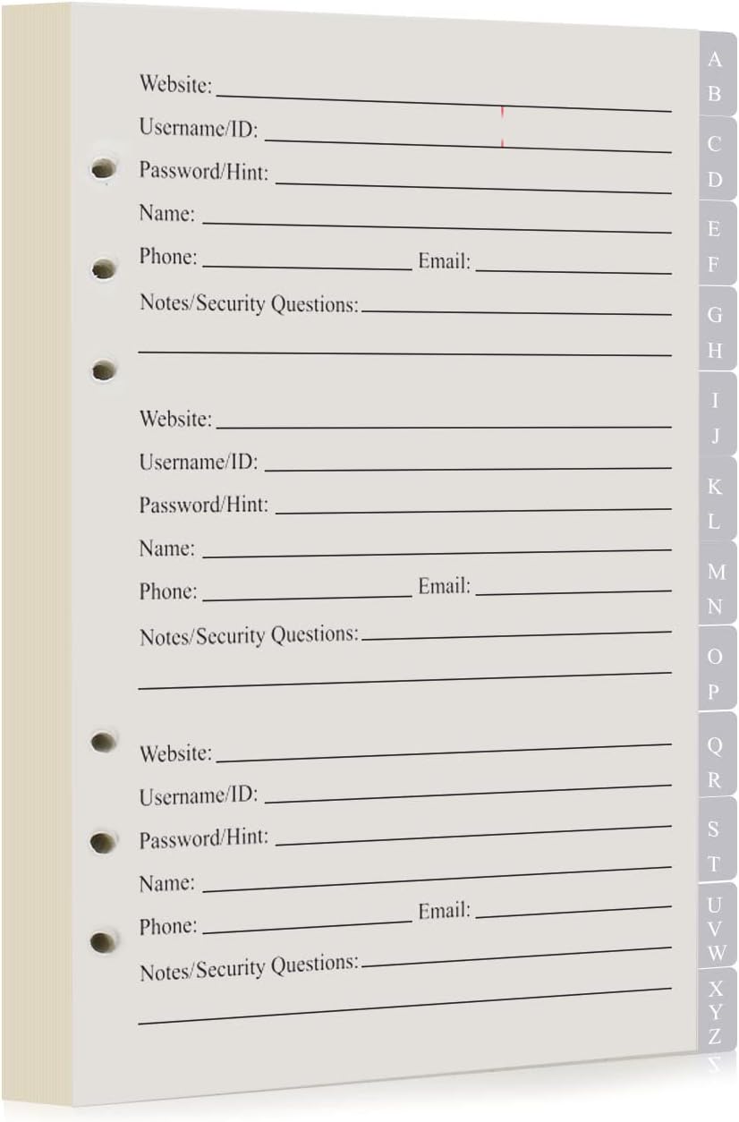 Password Book Refill Pages 212 Replacement Pages Log Book