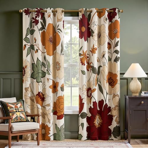 jinchan Lora Floral Curtains for Bedroom Blackout Drapes for Living Room Darkening Fabric Vintage Beige Boho Flower Pattern Fall Decor Window Curtains 84 Inches Length 2 Panels with Grommet
