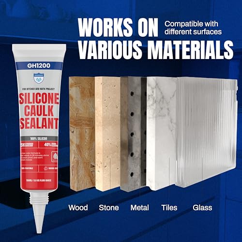 Image of GH1200 White Silicone Sealant - 150 ML /5 FL Oz Waterproof Sealant for Kitchen & Bathroom - Shrink & Crack Proof Silicone Caulk - Indoor & Outdoor Use Sealant - Strong Formula Silicone Adhesive Tube