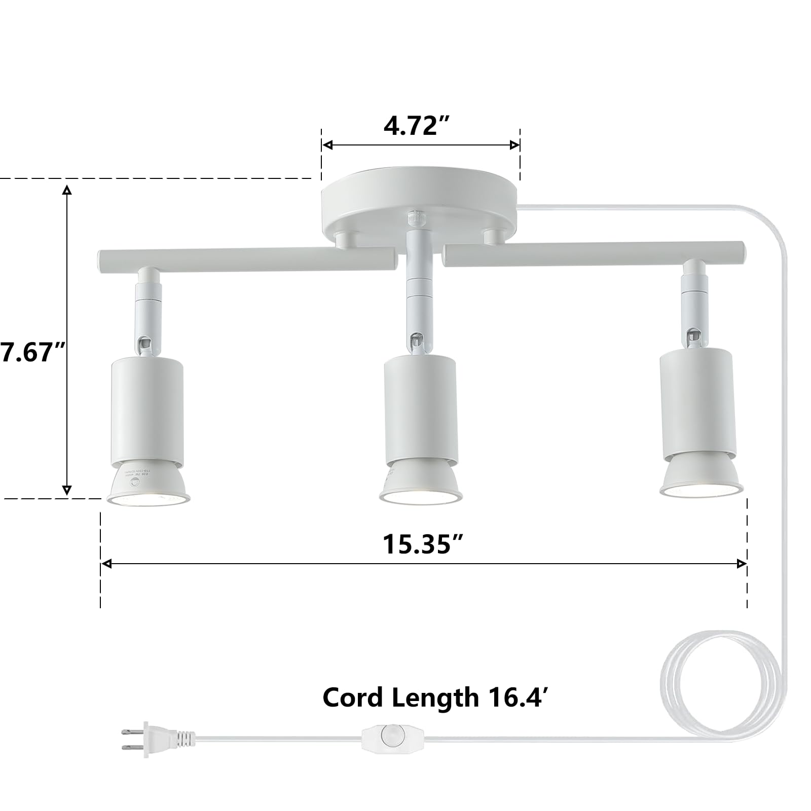 vivihobb Plug in Track Light White 3 Light Plug in Ceiling Lighting Fixture with 16.4' Long Cord,3 Way Ceiling Spotlight,Rotatable Wall Mount Light Head