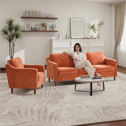 Image of Kingfun Accent Chair, Living Room Chairs, Mid Century Reading Armchair, Chenille with Solid Wood Foot, Upholstered Modern Decor for Bedroom, Apartment