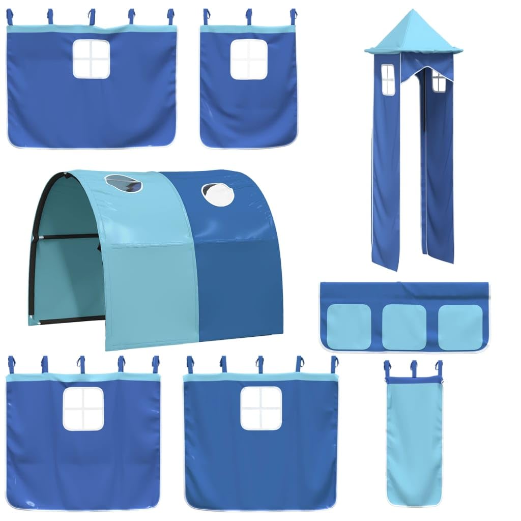 Cortinas para cama alta con túnel y torre azul de poliéster, juego de accesorios de 7 piezas con bolsillos de almacenamiento, fijación estable y diseño adecuado para niños