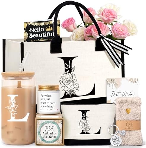 Lepiche Birthday Gifts for Women, Monogrammed Initial Gift for Teacher Wife Mom, Tote Bag,Glass Cup Gift Basket Personalized Christmas Mother's Teacher Appreciation Day,L
