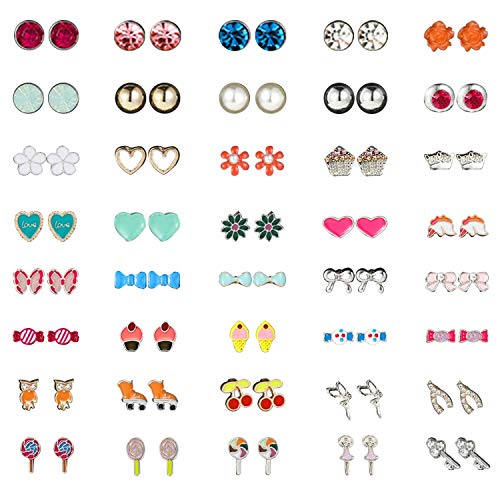 NEWITIN 40 Pairs Colorful Cute Earrings for Girls Sensitive Ears Hypoallergenic Girl Stud Earrings Set Stainless Steel Cartoon Stud for Girls and Women