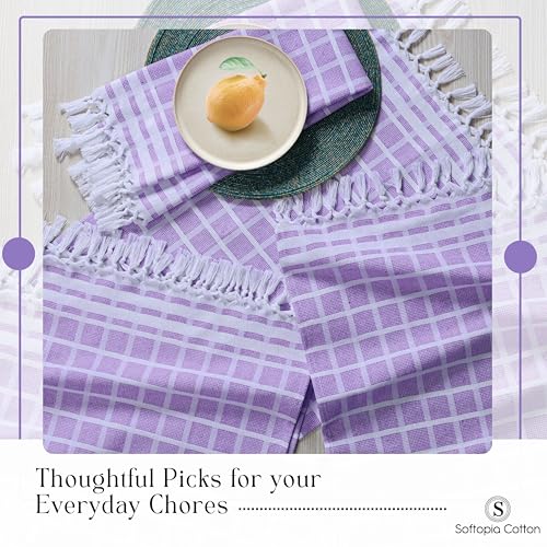 Image of Matrix Dobby Kitchen Towels 4 Pack, 16x26 Inches, 100% Cotton, Absorbent Reusable Dish Cloths with Handmade Tassels, Washable Hand Towels for Drying - Lavender, White
