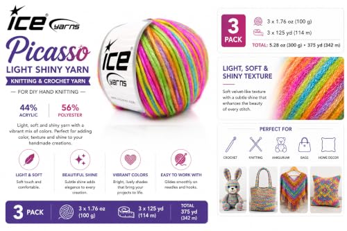 Image of Picasso Yarn 3 Pack - Shiny Multicolor Crochet & Knitting Yarn, 44% Acrylic 56% Polyester, 1.76 oz 125 yds per Skein, Soft Craft Yarn for Knitting, Crochet & DIY, Rainbow 3