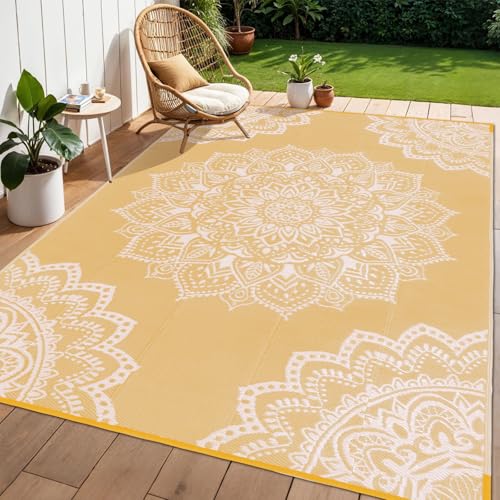 Yamaziot Waterproof Outdoor Rug 6x9 ft Reversible Plastic Straw Rug for Patio Clearance Camping RV Mat Large Outside Rug Carpet for Porch Deck Backyard Balcony Picnic Yellow