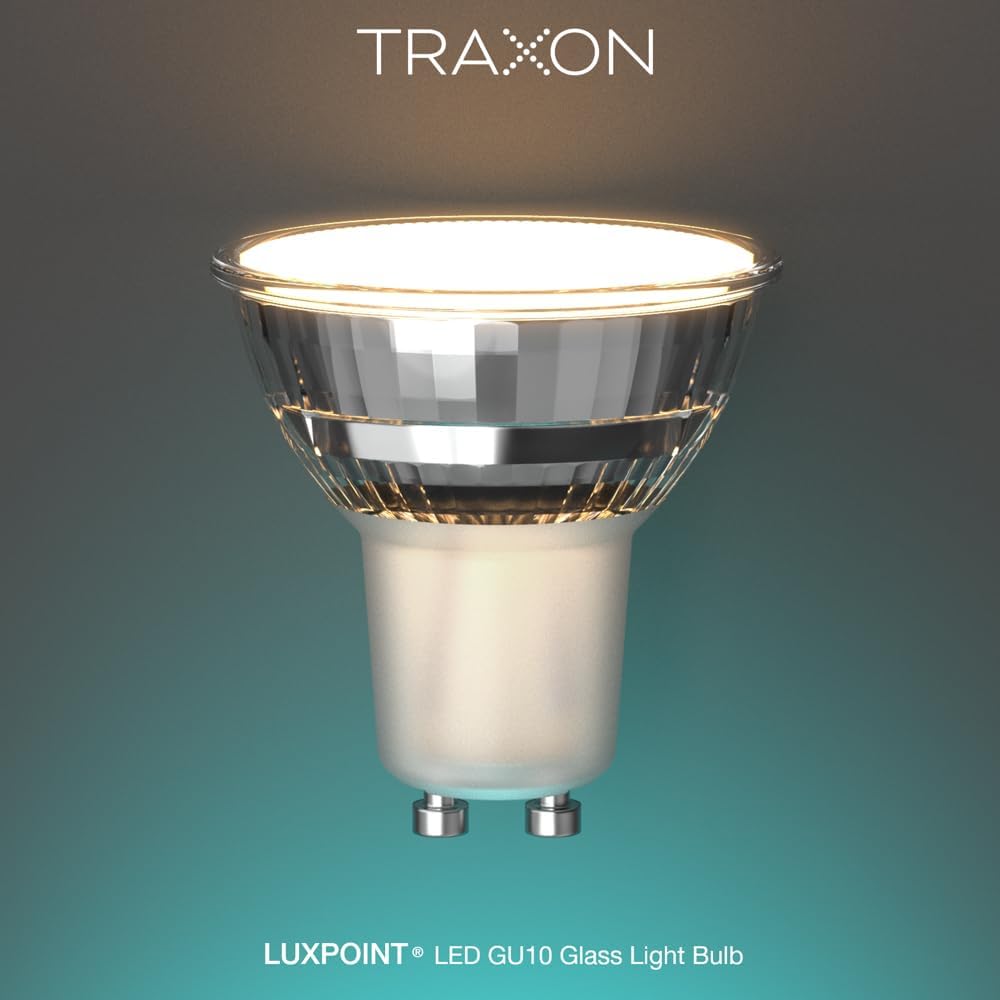 TRAXON LUXPOINT Bombilla LED GU10 Regulable, 4.7W (Equiv. 50W), 450lm, DIM TO COZY 2200-2700K, Ángulo 100°, Luz Cálida Ajustable, CRI Alto (4.7W Pack 20 und)