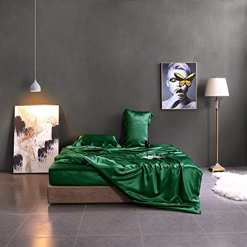 Thxsilk Silk Duvet Cover Set 4 Piece, Silk Sheets, Luxury Bedding Sets - Ultra Soft, Machine Washable, Durable - 100% Top Grade Mulberry Silk (King, Emerald Green) #TOP5
