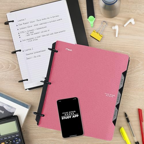Image of Five Star Flex Refillable Notebook + Study App 1 Inch O-Rings Binder with Pockets Tabs and Dividers, 220 Sheet Capacity, Includes 60 Sheets 8.5 inch x 11 inch College Ruled Paper, Prom Pink (293280R)