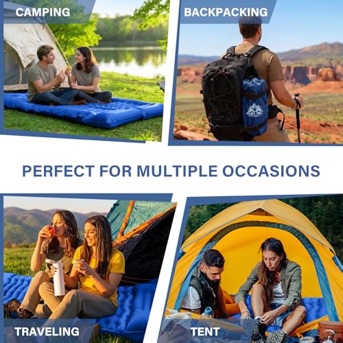 Image of FUN PAC Camping Sleeping Pad with Pillow Built-in Foot Pump Inflatable Sleeping Mat Compact for Camping Backpacking Hiking Traveling - Blue