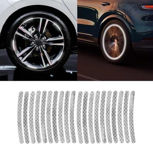 WINUERK 20Pcs Car Wheel Hub Reflective Sticker, Reflective Car Wheel Decorative Stripe Stickers, Night Safety Warning Tape Sticker, Anti-Scratch Tire Rims Sticker, Universal for Most Vehicles (Silver)