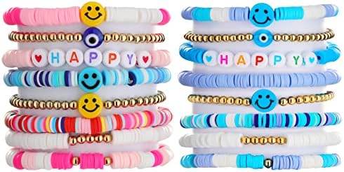 Yowivon Bracelets for Teen Girls Gifts Preppy Stuff Cute Smiley Face Evil Eye Bracelets Gold Beaded Bracelets Charm Y2K Friendship Bracelets Jewelry for Women