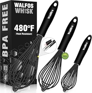 Walfos® Schneebesen Set,Rührbesen 3 Stück Schneebesen Silikon 21cm, 23cm, 28cm,Edelstahl Rührbesen Silikondrähte für Mischen, Eiern, Aufschäumen, Schlagen, Aufschäumen und Rühren,Schwarz