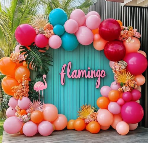 Image of Hot Pink Blue Orange Balloon Garland - Double Stuffed Teal Orange Pastel Pink Peach Latex Metallic Burgundy Balloon Arch Kit for Colorful Baby Shower Tropical Summer Birthday Party Decoration