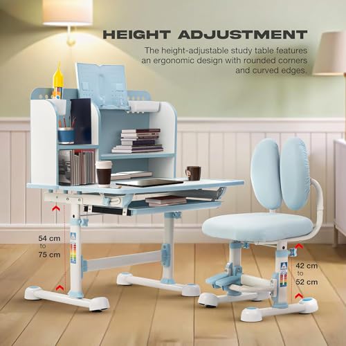 Image of BAYBEE Baby Study Table with Chair for Kids | Ergonomic Study Table with Height Adjustable Desk & Chair | Functional Study Desk with Book Storage, Drawer, Multi Shelf, Footrest for 2+ Years kids(Blue)