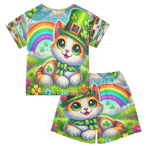 Cat St Patricks Hat Pajama Set Short Sleeve PJ Set Cotton Summer Pajamas Sleepwear Soft 5Y2