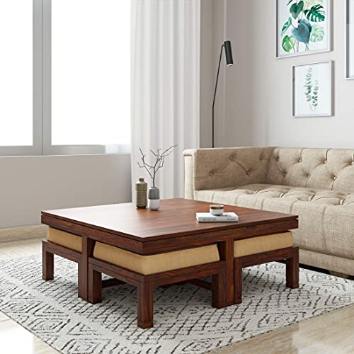 Image of Jangid Handicraft Solid Sheesham Wood Coffee Table with 4 Stool | Sofa Centre Table with Stool | Square Tea Center Table with 4 Stools for Living Room | Patio Teapoy with Four Puffy, Teak Finish
