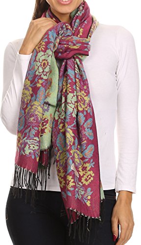 Sakkas CHS1810 - Ontario double layer floral Pashmina/Shawl/Wrap/Stole with fringe - 2-FuchsiaGreen - OS