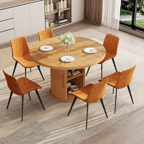 Image of HIPIHOM 5-Piece Dining Set for Small Spaces 43.3 inch Round Table & 4 PU Leather Chairs, Modern Farmhouse with Storage Shelf, Apartment Kitchen Easy Assembly (Natural Color Round Table + 4 Brown Chairs)