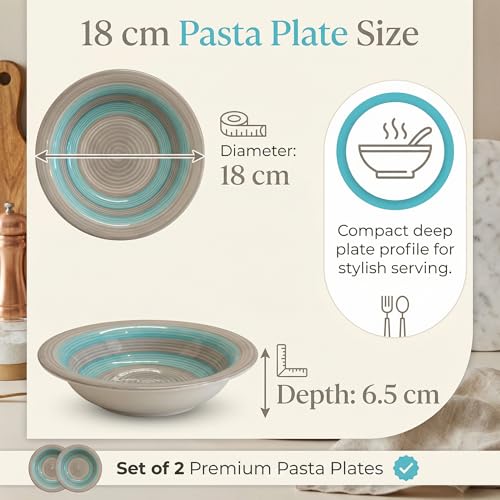 Image of Ceramic Pasta Bowls Set of 2 | 7 Inch Handmade Deep Soup Plates | Microwave Oven Safe Serving Bowls | Floral Hand-Painted Stoneware Salad Bowls (2, Turquoise & Grey)