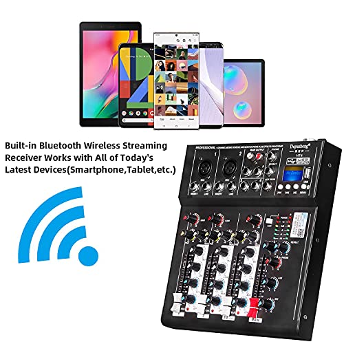Depusheng HT4 Bluetooth Compatible Professional Portable Digital DJ Console w/USB 4 Channel Mixer Audio Interface-Mixing Boards For Studio Recording,Black
