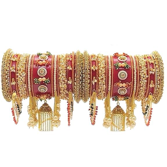 R j Enterprises Bridal Wedding Chuda for Women's | Traditional Rajasthani Chooda Set | Fancy Hanging Bangles (Maroon)